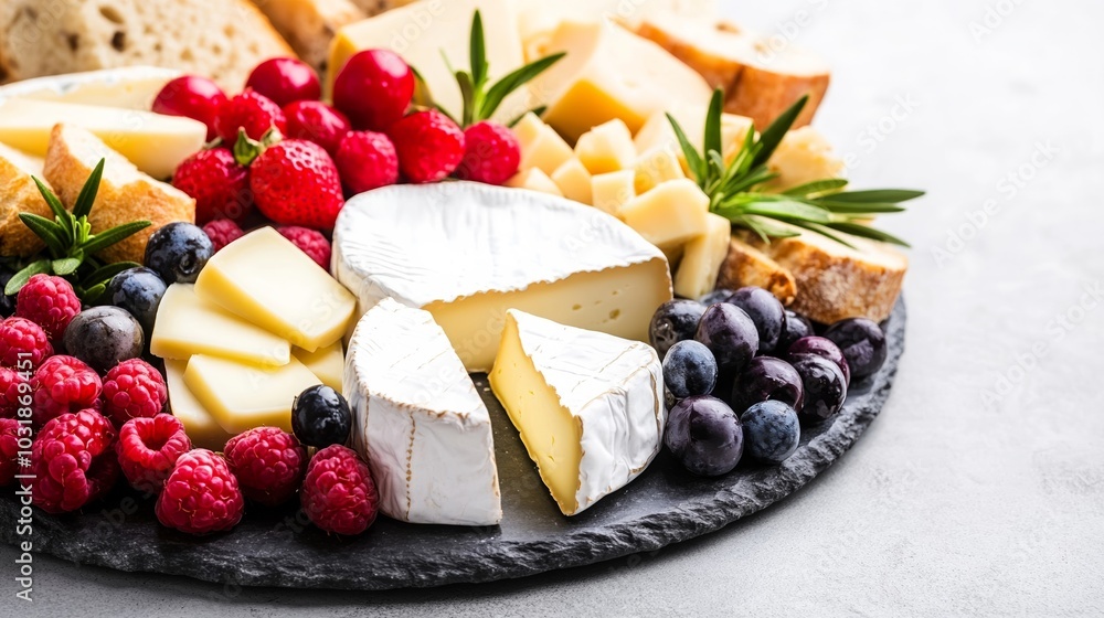 A variety of cheeses displayed on a stone platter, including soft goat cheese, sharp manchego, and smoky gouda, surrounded by fresh berries, olives, and artisan bread 