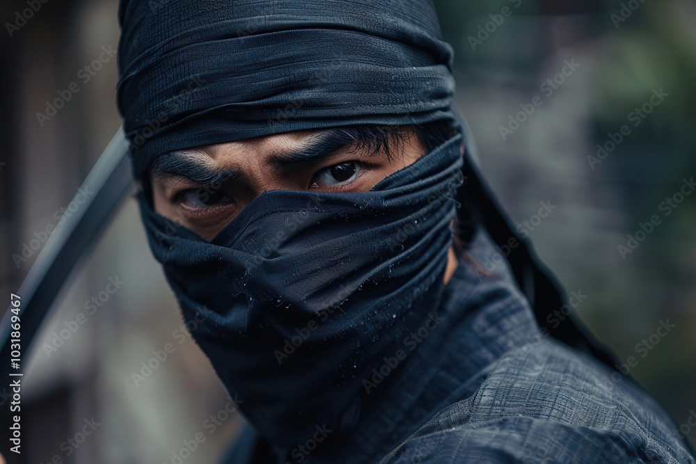 Japanese ninja warrior dressed in samurai clothes holding a sharp sword Japanese ninja warrior dressed in samurai clothes holding a sharp sword