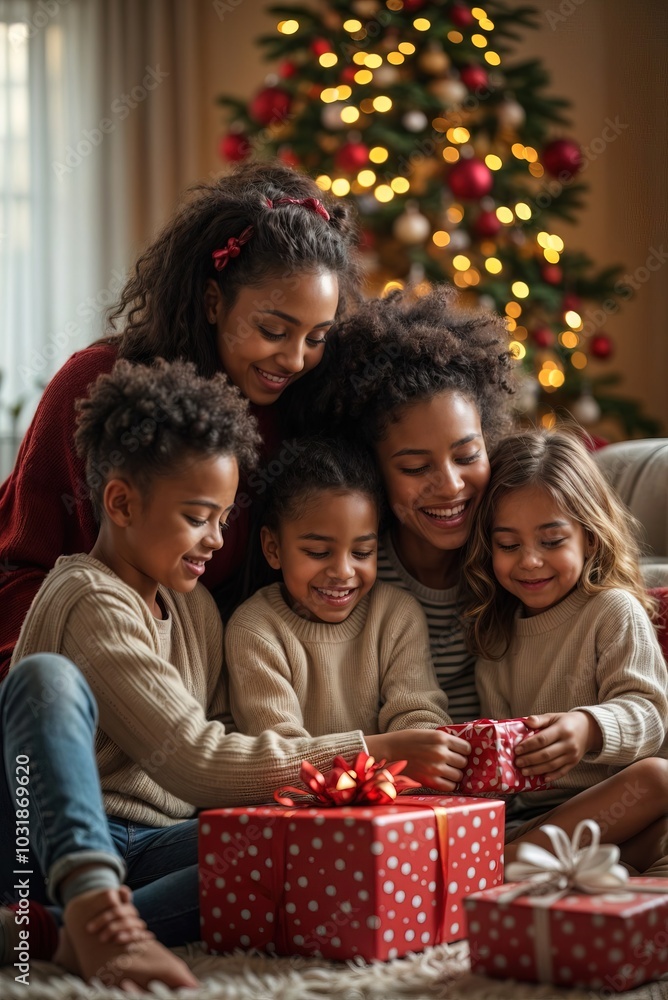 Festive African - American family with mother and children gathering with smiles and gift-giving by the Christmas tree, happy family celebrating Christmas. Vertical composition Festive African - American family with mother and children gathering with smiles and gift-giving by the Christmas tree, happy family celebrating Christmas. Vertical composition