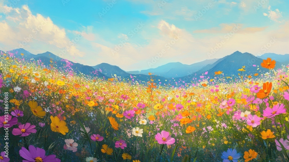 A field of Korean wildflowers growing in a rural meadow, with detailed petals and vibrant colors. A field of Korean wildflowers growing in a rural meadow, with detailed petals and vibrant colors.