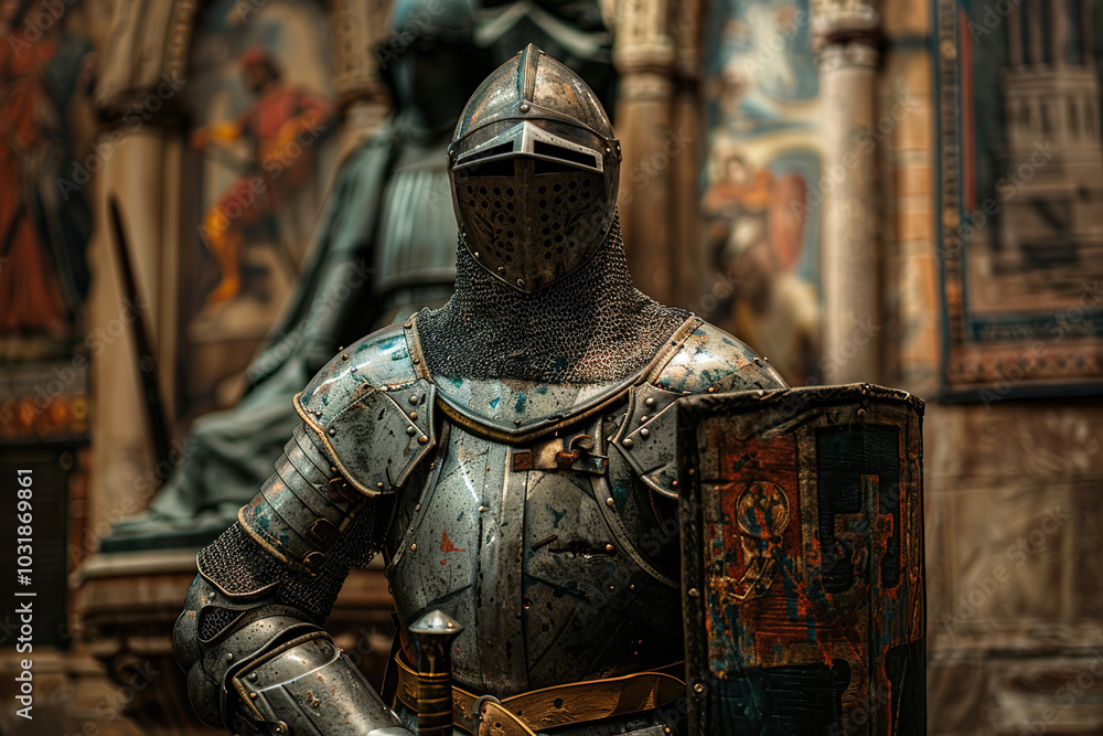 A fantastic royal knight in armor guards the castle chambers A fantastic royal knight in armor guards the castle chambers
