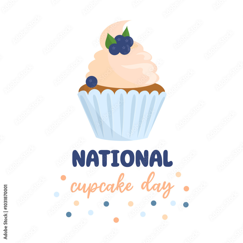 National cupcake day. December 15. Creamy blueberry cupcake with berry and mint leaf on white background. Vector template for holiday poster, banner, flyer, card. National cupcake day. December 15. Creamy blueberry cupcake with berry and mint leaf on white background. Vector template for holiday poster, banner, flyer, card.
