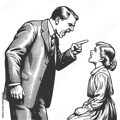 Father man angrily yelling at a daughter child, portraying tension and conflict in family dynamics sketch engraving generative ai vector illustration. Scratch board imitation. Black and white image.