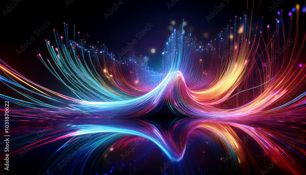 Abstract visualization of information and data exchange, data flow, digital code data streaming on a dark, reflected on the black mirror Abstract visualization of information and data exchange, data flow, digital code data streaming on a dark, reflected on the black mirror