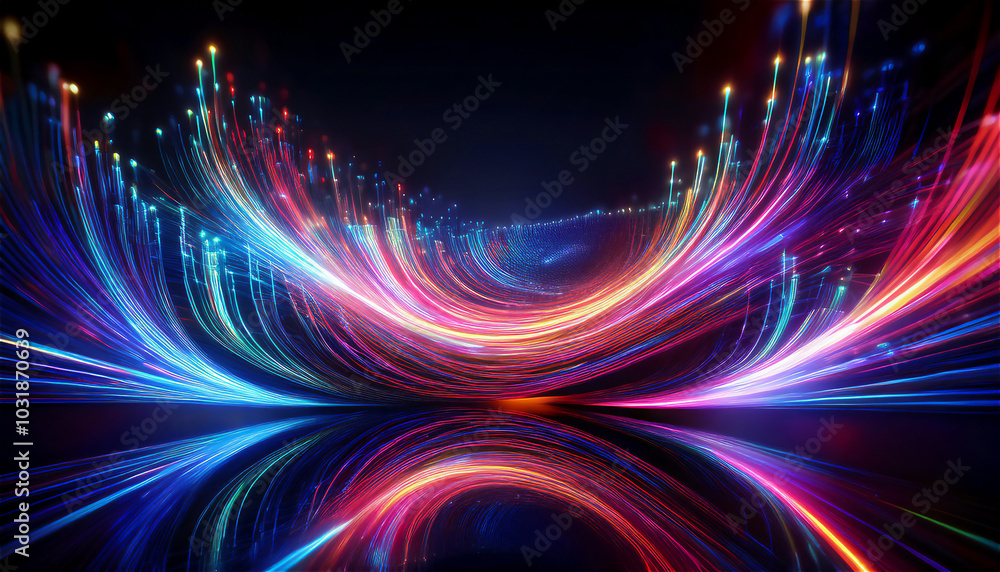Abstract visualization of information and data exchange, data flow, digital code data streaming on a dark, reflected on the black mirror Abstract visualization of information and data exchange, data flow, digital code data streaming on a dark, reflected on the black mirror