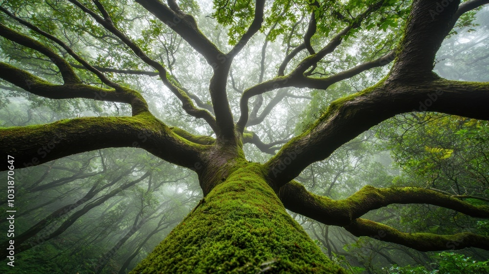 Fototapeta premium Majestic tree canopy a breathtaking perspective of nature's splendor amidst mist and lush greenery in a mystical forest environment