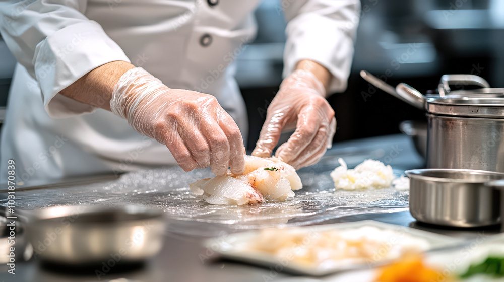 The chef's hands in close-up, working meticulously to remove the toxic parts of the fugu, each motion deliberate, while the pristine stainless steel counters The chef's hands in close-up, working meticulously to remove the toxic parts of the fugu, each motion deliberate, while the pristine stainless steel counters