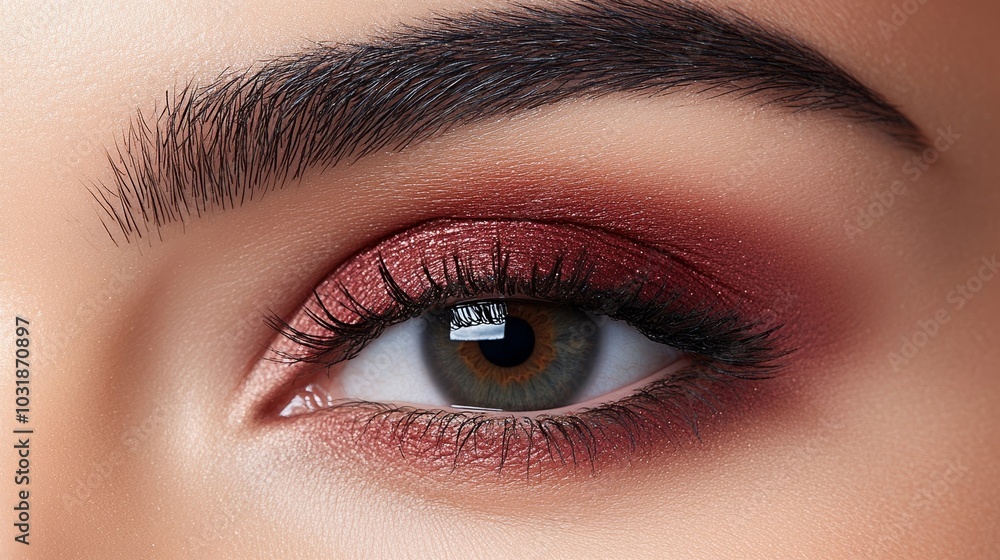 Obraz premium A bold cat-eye created with deep burgundy eyeliner, perfectly outlining the lashes, adding a touch of sophistication and elegance to the overall makeup look 