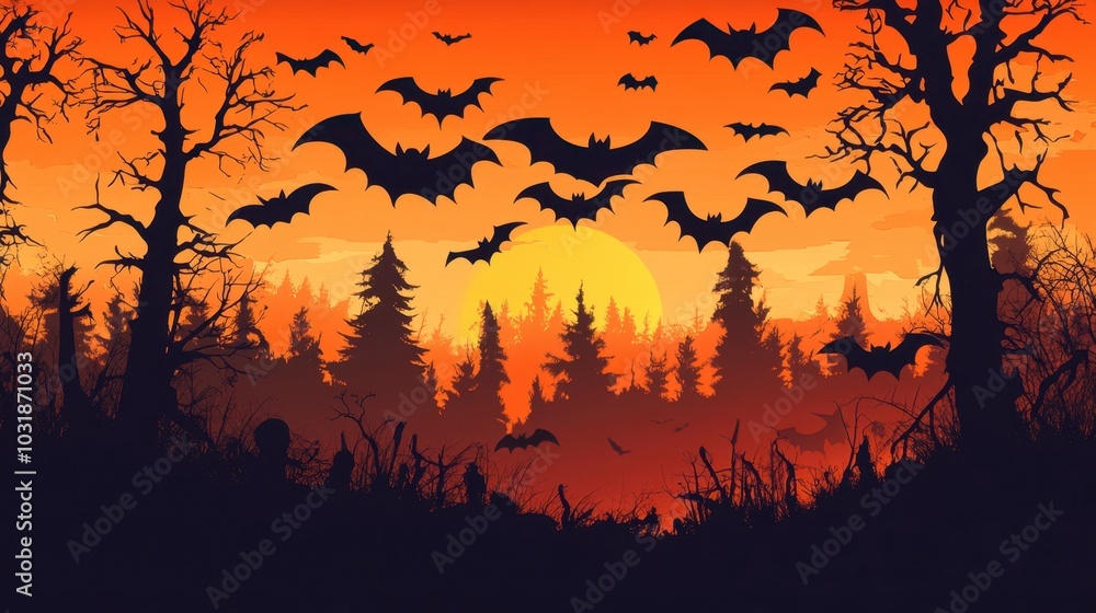 Spooky Halloween Sunset with Bats in the Sky Spooky Halloween Sunset with Bats in the Sky