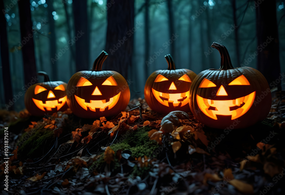 Glowing jack-o'-lanterns scattered throughout a spooky forest on Halloween, surrounded by eerie fog Glowing jack-o'-lanterns scattered throughout a spooky forest on Halloween, surrounded by eerie fog