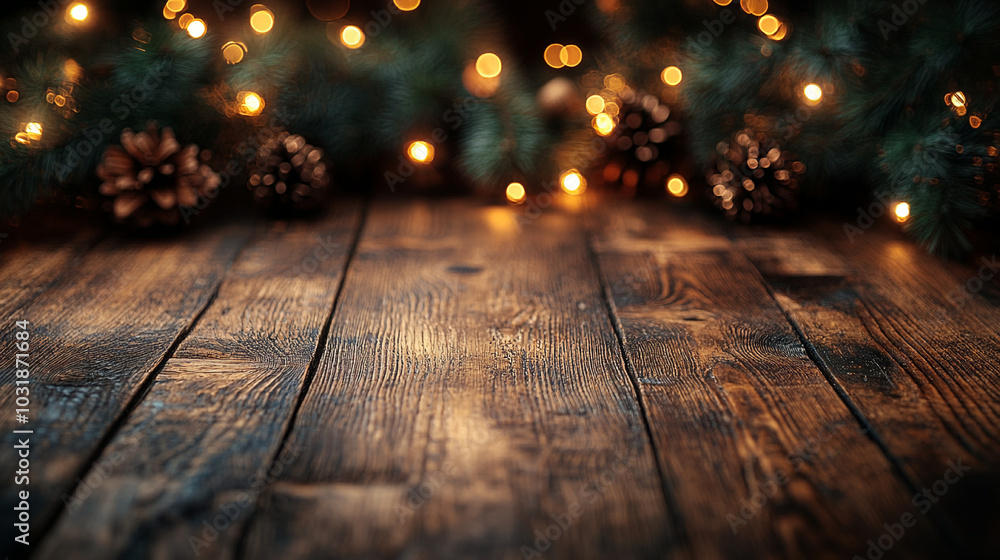 Wooden surface for product display on Christmas background Wooden surface for product display on Christmas background
