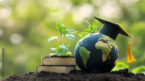 Eco education concept, sustainable learning for a greener planet, earth model with graduation cap, plant growth, environmental education, books, knowledge, and nature photo