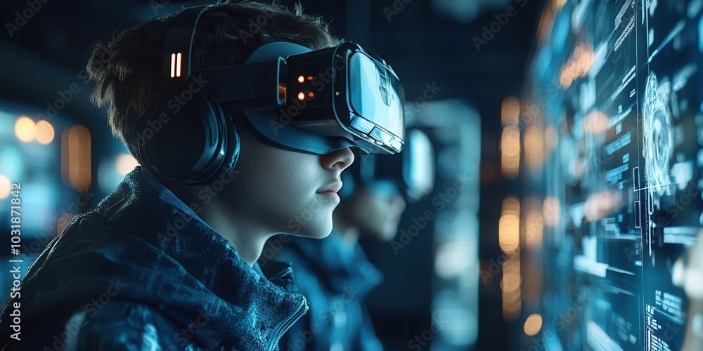 A person wearing a virtual reality headset, immersed in a digital environment, showcasing futuristic technology and innovation. A person wearing a virtual reality headset, immersed in a digital environment, showcasing futuristic technology and innovation.