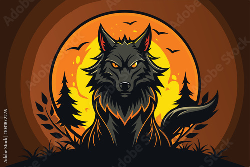 halloween wolf in the forest vector illustration.