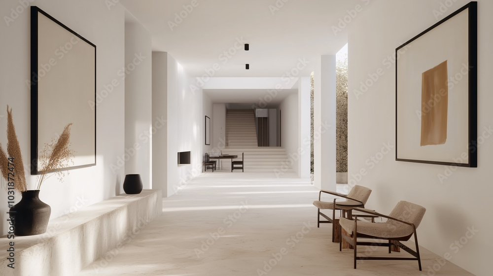 Spacious minimalist hallway with off-white walls, geometric artwork in black frames, and a slim console table holding a single vase Spacious minimalist hallway with off-white walls, geometric artwork in black frames, and a slim console table holding a single vase