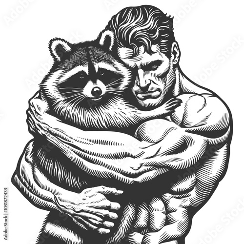 muscular man hugging a raccoon. A unique combination of strength and tenderness sketch engraving generative ai fictional character vector illustration. Scratch board imitation. Black and white image.