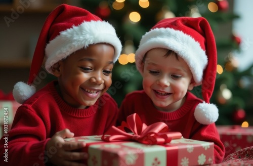 Two little boys in Santa hats, one white and one African American, unwrap Christmas presents under the tree on a festive morning. The atmosphere of New Year and Christmas