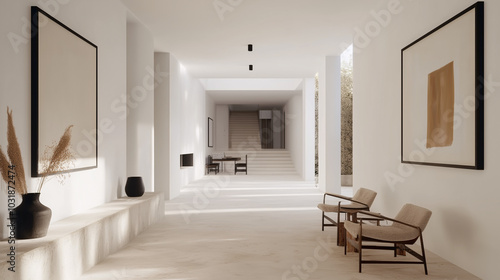 Spacious minimalist hallway with off-white walls, geometric artwork in black frames, and a slim console table holding a single vase