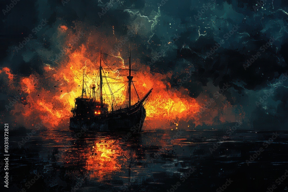 A silhouetted ship sails under a tempestuous sky, illuminated by dramatic flames on the tumultuous sea, depicting adventure and danger. A silhouetted ship sails under a tempestuous sky, illuminated by dramatic flames on the tumultuous sea, depicting adventure and danger.