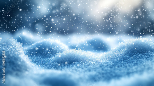 Snowflakes gently falling on a serene snow-covered field, create a magical winter scene