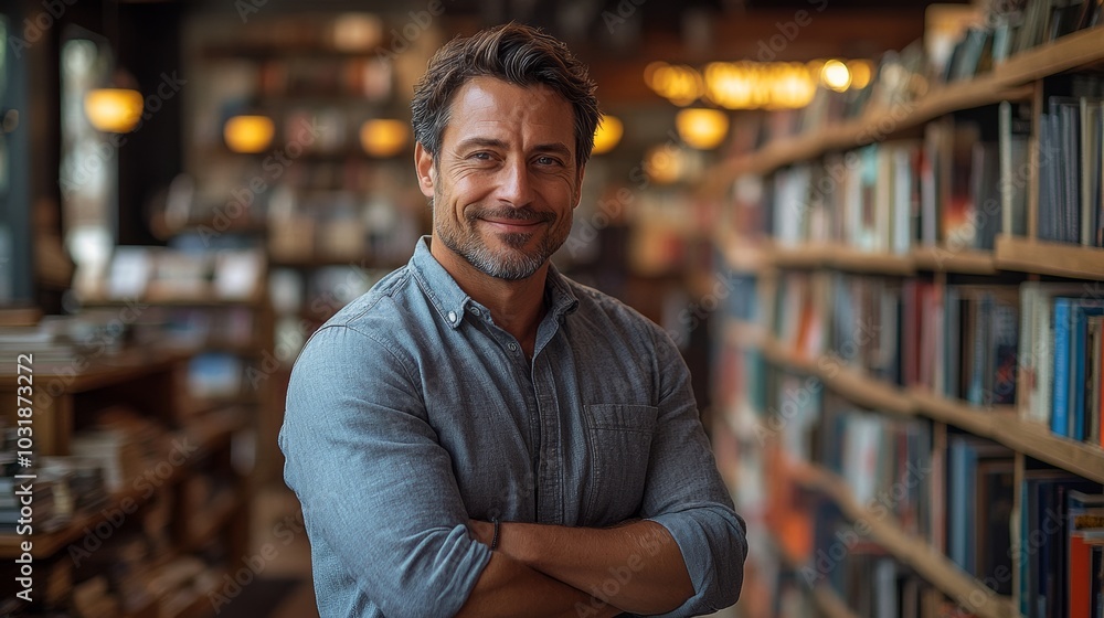 Man is standing in a library with his arms crossed and a smile on his face. man with short, neatly styled brown hair, clean-shaven, and a warm smile. He wears a casual button-up shirt and jeans Man is standing in a library with his arms crossed and a smile on his face. man with short, neatly styled brown hair, clean-shaven, and a warm smile. He wears a casual button-up shirt and jeans