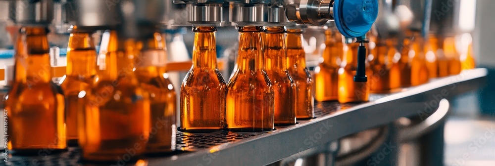 Automated Bottling Line Filling Glass Bottles with Beverage, showcasing industrial production, manufacturing, technology, automation, and efficiency. Automated Bottling Line Filling Glass Bottles with Beverage, showcasing industrial production, manufacturing, technology, automation, and efficiency.