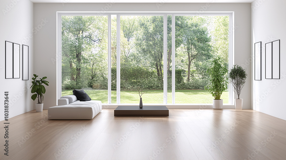 Spacious minimalist living room with an open floor plan, a single coffee table, and large windows framing outdoor views Spacious minimalist living room with an open floor plan, a single coffee table, and large windows framing outdoor views