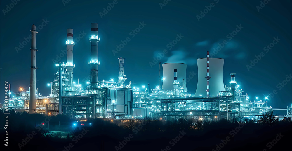 Fototapeta premium Panoramic night view of an electric power station with bright lights illuminating its towers, pipes, and machinery. The dark, starry sky adds depth to the scene.