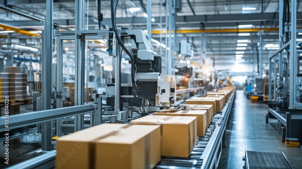 Automated Packaging Line in Modern Factory, showcasing robotic arm, conveyor belt, cardboard boxes, industrial production, and efficient manufacturing. Automated Packaging Line in Modern Factory, showcasing robotic arm, conveyor belt, cardboard boxes, industrial production, and efficient manufacturing.