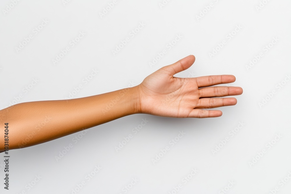 Hand is shown with the thumb and index finger extended. The hand is not holding anything. Concept of openness and friendliness. close-up of an outstretched hand, palm down, on a white background Hand is shown with the thumb and index finger extended. The hand is not holding anything. Concept of openness and friendliness. close-up of an outstretched hand, palm down, on a white background