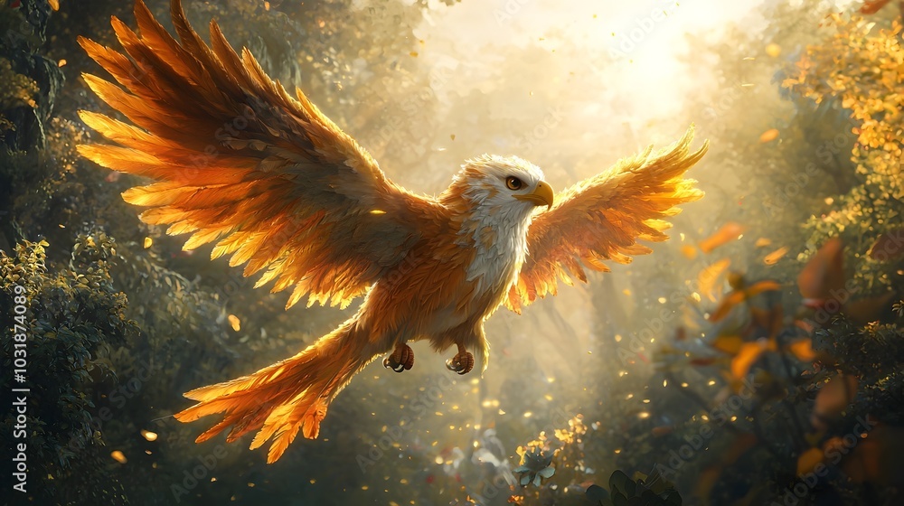 Fototapeta premium Majestic Fantasy Griffin Soaring Through Magical Kingdom with Challenges and Rewards