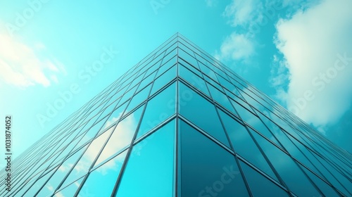 A close-up of the corner of a sleek modern office building, with angled glass panes catching reflections of nearby structures, leaving copy space in the sky and surrounding area