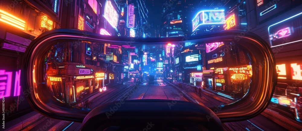 Futuristic city street at night, seen through a futuristic vehicle's windshield. Futuristic city street at night, seen through a futuristic vehicle's windshield.