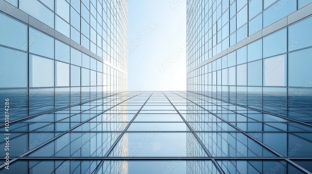A high-definition photo of a modern office tower with intricate window patterns and a reflective surface, framed by a clear sky, with open copy space surrounding the building A high-definition photo of a modern office tower with intricate window patterns and a reflective surface, framed by a clear sky, with open copy space surrounding the building