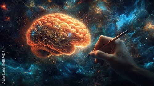 Abstract concept of creativity and imagination showing a human brain in a cosmic scene with a hand drawing, symbolizing thought development.