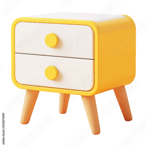 3d cartoon, minimalistic cute yellow and white bedside table with two drawers on a white  background