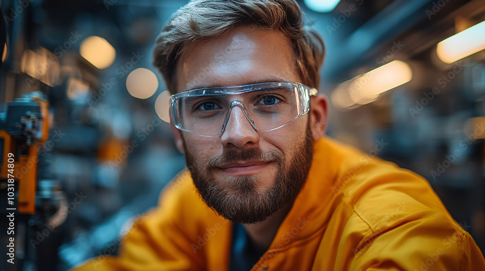 A confident engineer in a bright yellow jacket and clear safety glasses smiles amid industrial equipment, embodying safety and expertise in a modern factory A confident engineer in a bright yellow jacket and clear safety glasses smiles amid industrial equipment, embodying safety and expertise in a modern factory