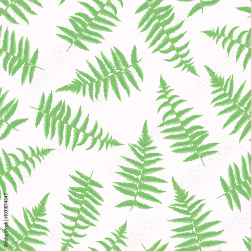 Abstract artistic green leaves fern seamless pattern. Vector hand drawing. Simple stylized leaf stems print on a white light background. Template for designs, textile, fabric, wallpaper, label