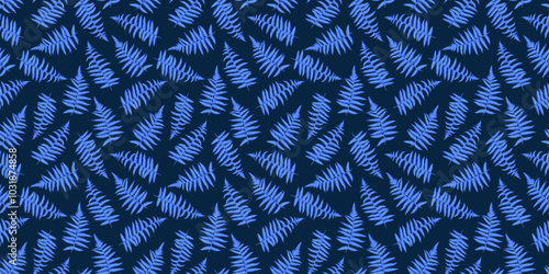 Simple pattern with abstract artistic branches leaves. Vector hand drawing. Blue leaf fern seamless print on a dark background. Template for designs, textile, fabric, wallpaper, label