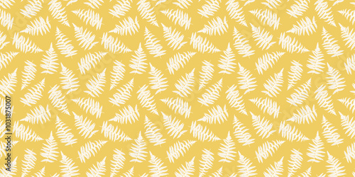 Yellow pattern with abstract artistic branches leaves fern. Vector hand drawing. Tiny stylized leaf seamless print. Simple ornament for designs, textile, fabric, cover