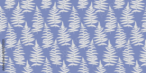 Pastel blue pattern with abstract artistic branches leaves fern. Garden leaf seamless print. Vector hand drawing. Template for designs, fashion, textile, fabric,