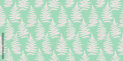 Pastel summer pattern with abstract artistic branches leaves fern. Vector hand drawing. Shapes stylized leaf stems seamless print on a green mint background. Simple ornament for designs, textile