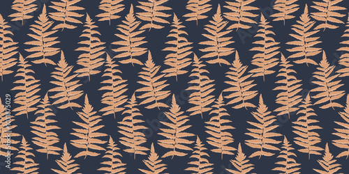 Abstract artistic leaves fern seamless pattern. Vector hand drawing. Stylized gold plants print on a black dark background. Simple ornament for designs, textile, fabric, cover
