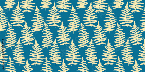 Abstract artistic branches leaves fern seamless pattern. Vector hand drawing. Shapes stylized leaf stems print on a turquoise background. Simple ornament for designs, textile, fabric, cover