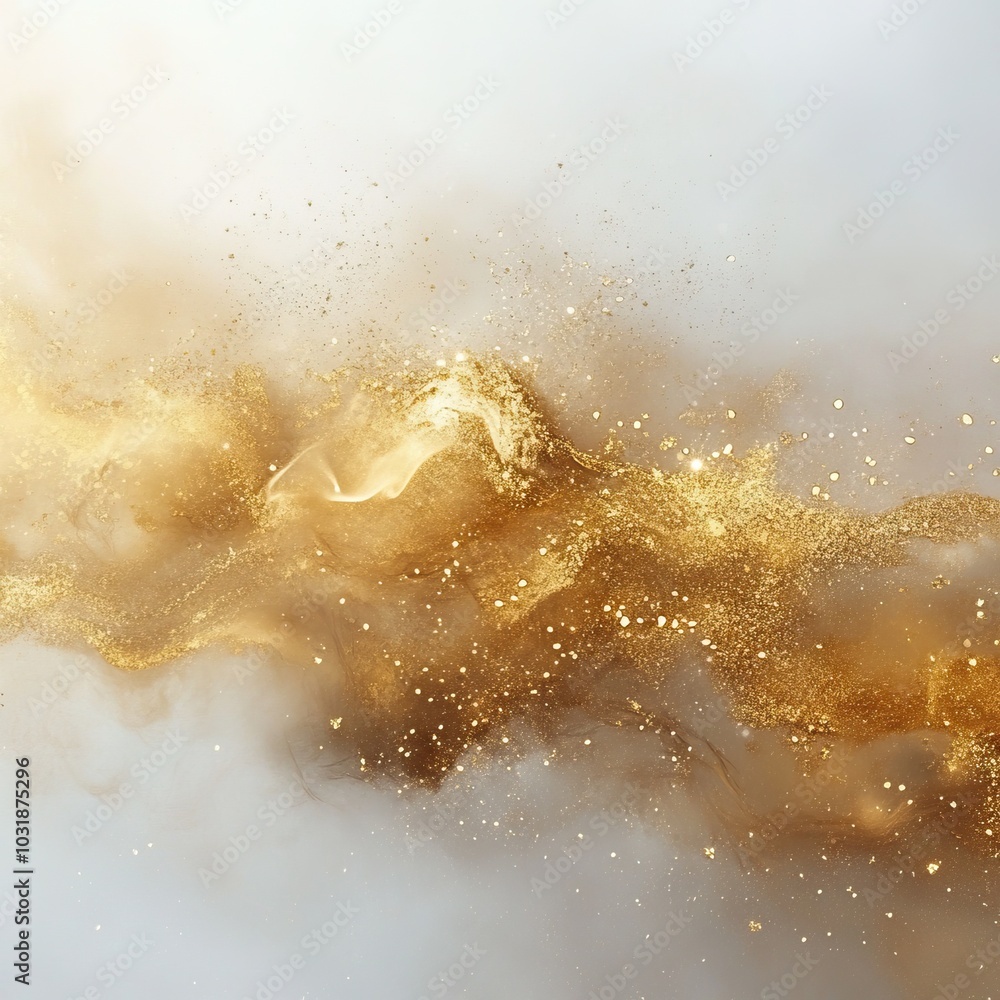Fototapeta premium Abstract golden swirl with sparkling particles on a soft background.
