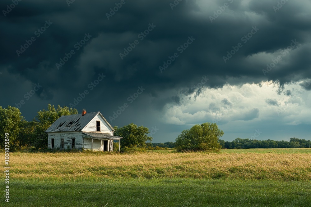 A rural farmhouse standing alone against a backdrop of dark storm clouds, with wind whipping through the fields, capturing the isolation, vulnerability, and strength of life in the countryside A rural farmhouse standing alone against a backdrop of dark storm clouds, with wind whipping through the fields, capturing the isolation, vulnerability, and strength of life in the countryside