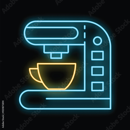 Neon sign icon of a coffee machine preparing a cup of coffee