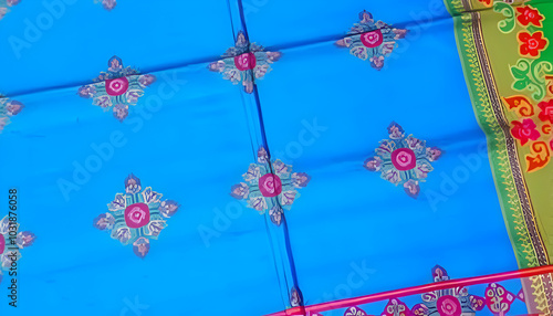 Maski, India - October ,6 2019 - Traditional Indian Silk Saree border pattern with bright colors and floral design. photo