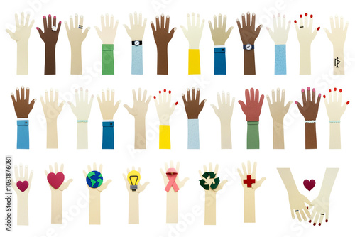 Paper craft hands of diversity and symbols design element set