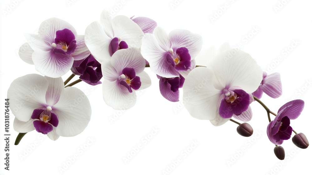 Beautiful White and Purple Orchid Flowers Arranged Elegantly on a Branch Against a Clean White Background Beautiful White and Purple Orchid Flowers Arranged Elegantly on a Branch Against a Clean White Background